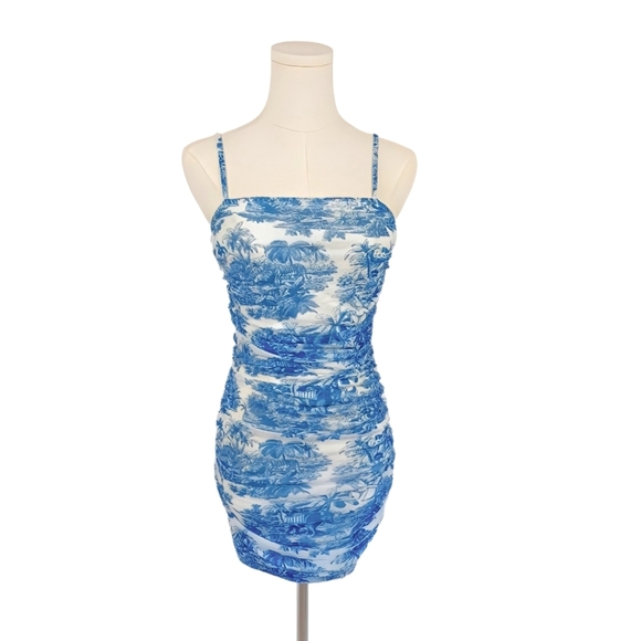 SHEIN Blue Toile Print Ruched Mini Dress Bodycon Spaghetti Strap XS - Picture 1 of 6